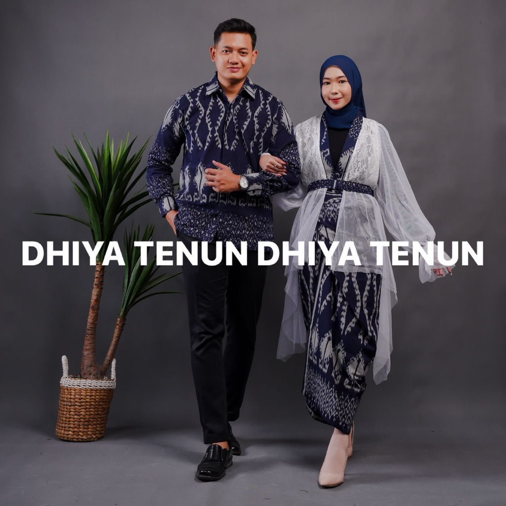 READY STOCK - BAJU TENUN COUPLE DAHLIA WHITE NAVY - KEBAYA BROKAT - ROK LILIT TENUN - KEMEJA TENUN -