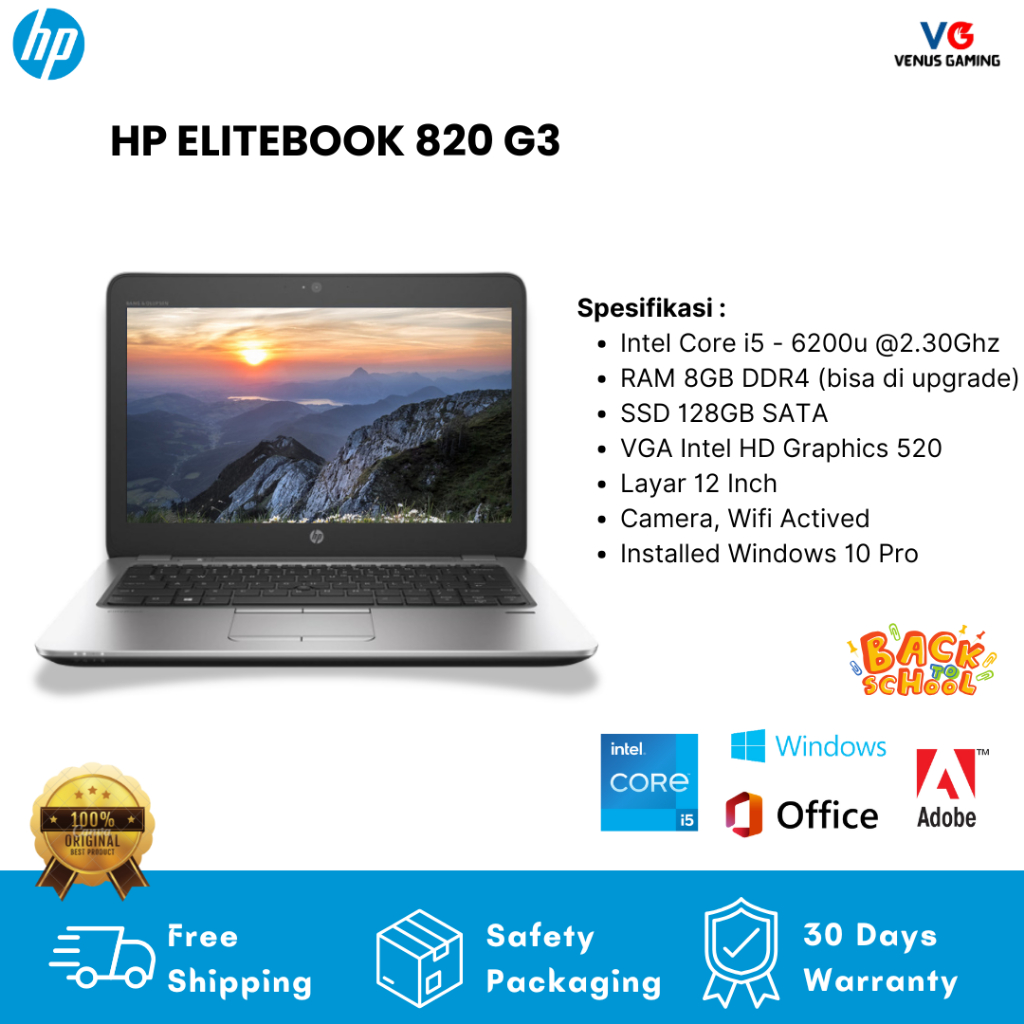 Laptop Second berkualitas HP 820 G3 Intel Core i5 i7 RAM 8GB SSD 128GB SATA Layar 12Inch