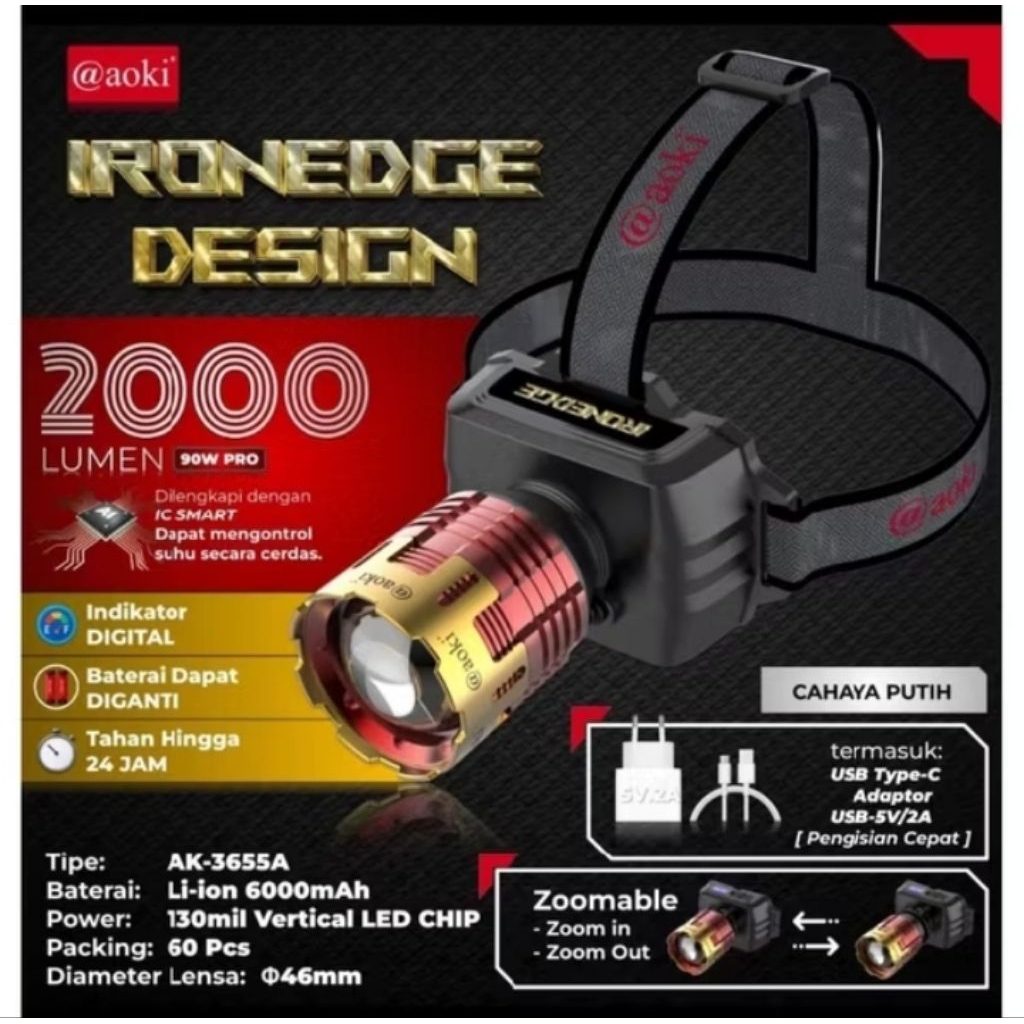 ak-3655 3656 senter kepala aoki 90watt cahaya putih dan kuning baterai bisa lepas swnter kepala aoki