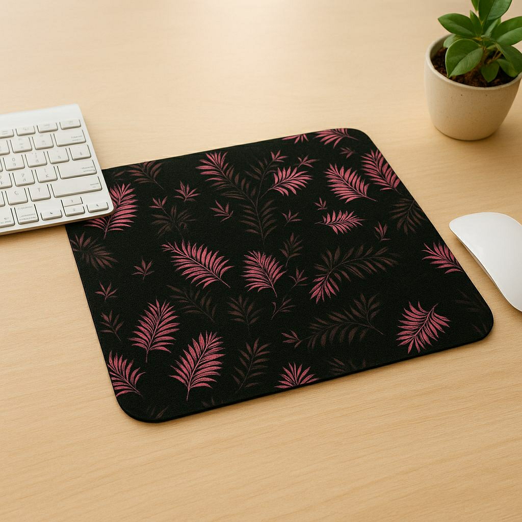 Mousepad Gaming Elegan Black Base Pink Leaf Pattern 22cm×18cm – Aksesoris Meja Kekinian