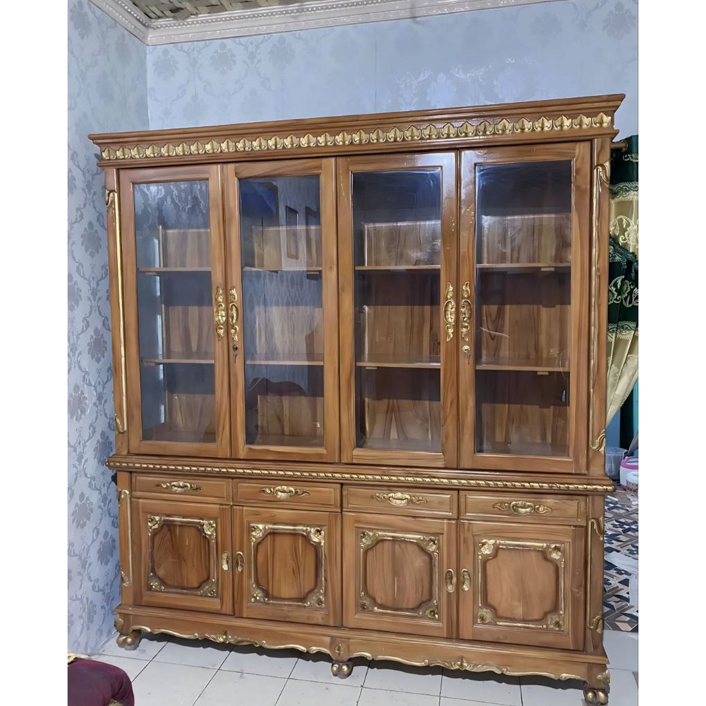 bufet pajangan kayu jati, bufet pajangan tumpuk kayu jati