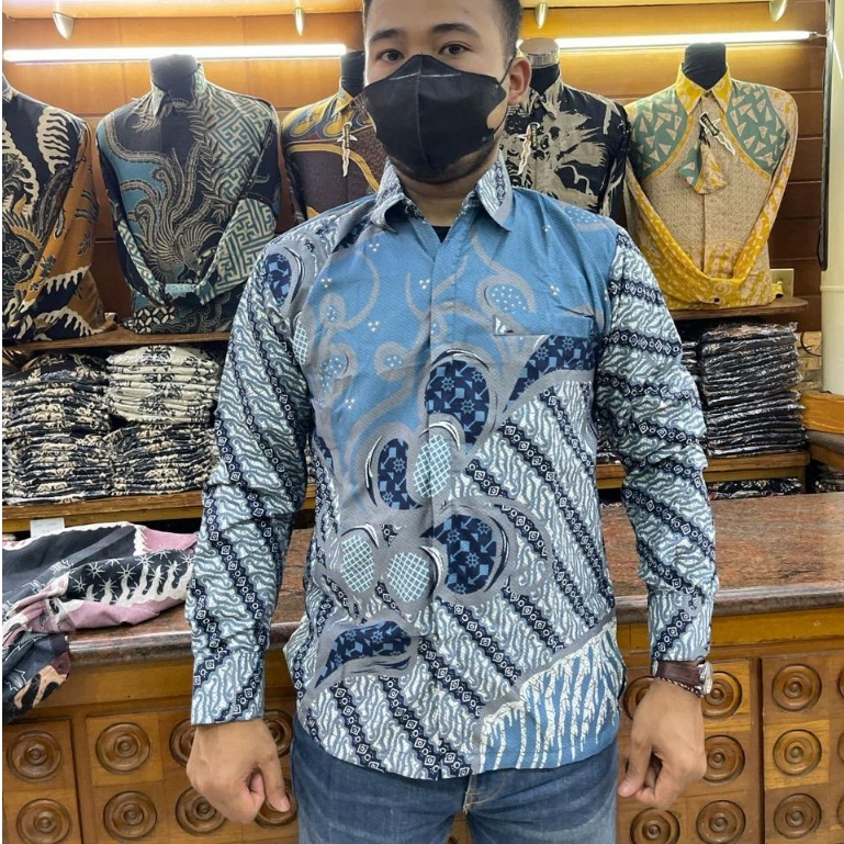 GEMILANG Biru Soft Denim Kemeja Batik Polymikro Motif Parang Pria Katun Halus Lengan Panjang Tidak M