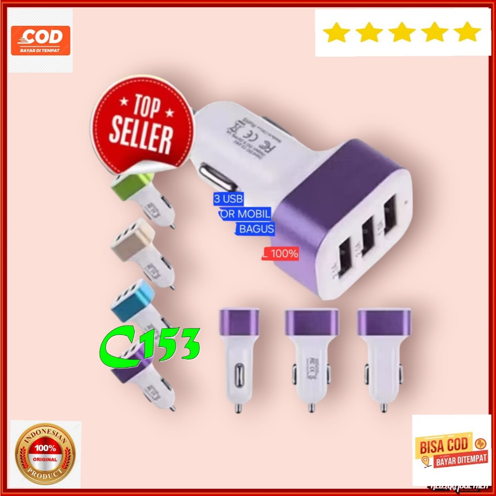 C153 ORI 100% KEPALA CAS BATOK CASAN  CAR CHARGER MOBIL 3 USB PORT USB CAR CHARGE SAVER ALAT AKI USB