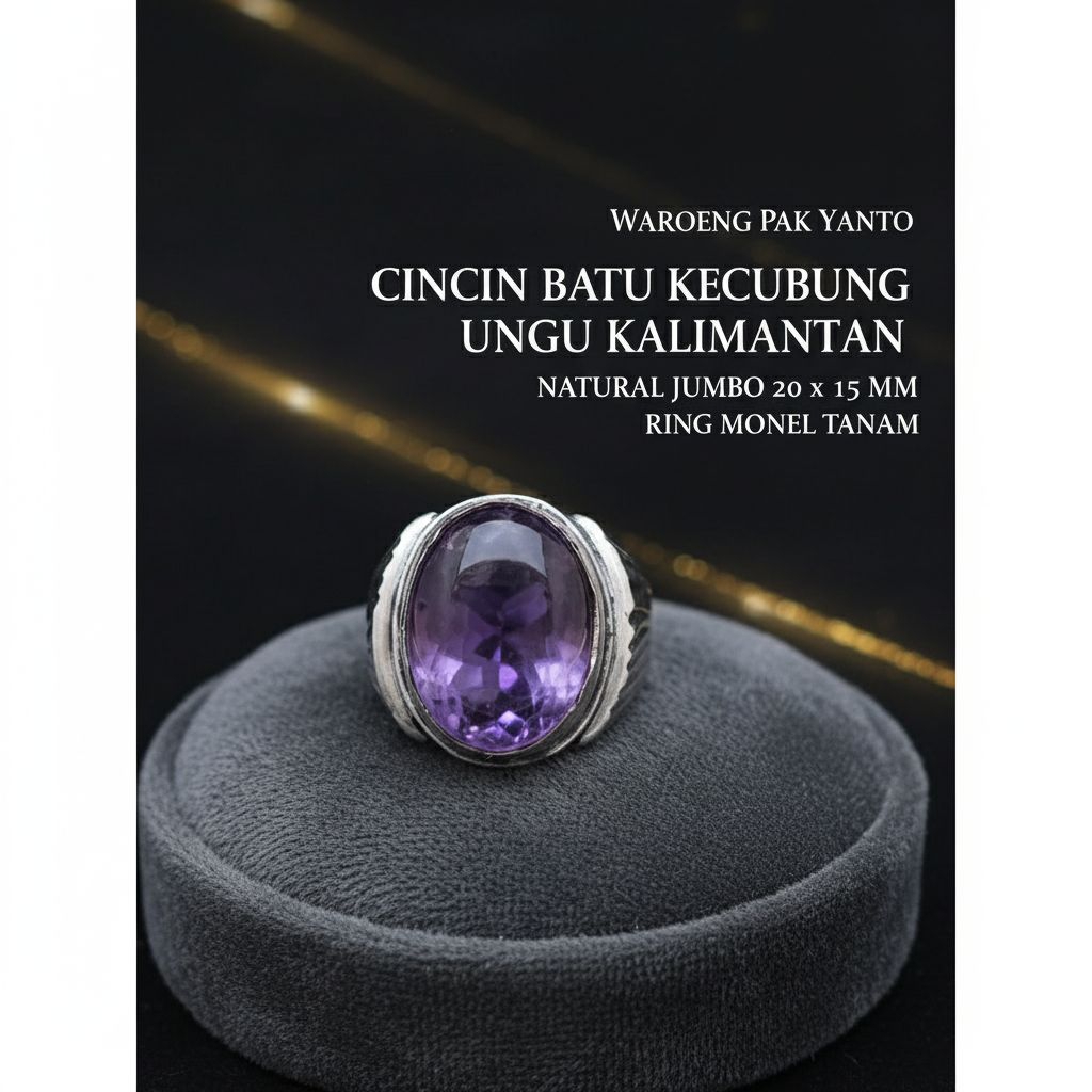 cincin batu kecubung ungu kalimantan natural ral jumbo 20 x 15 mm ring monel tanam
