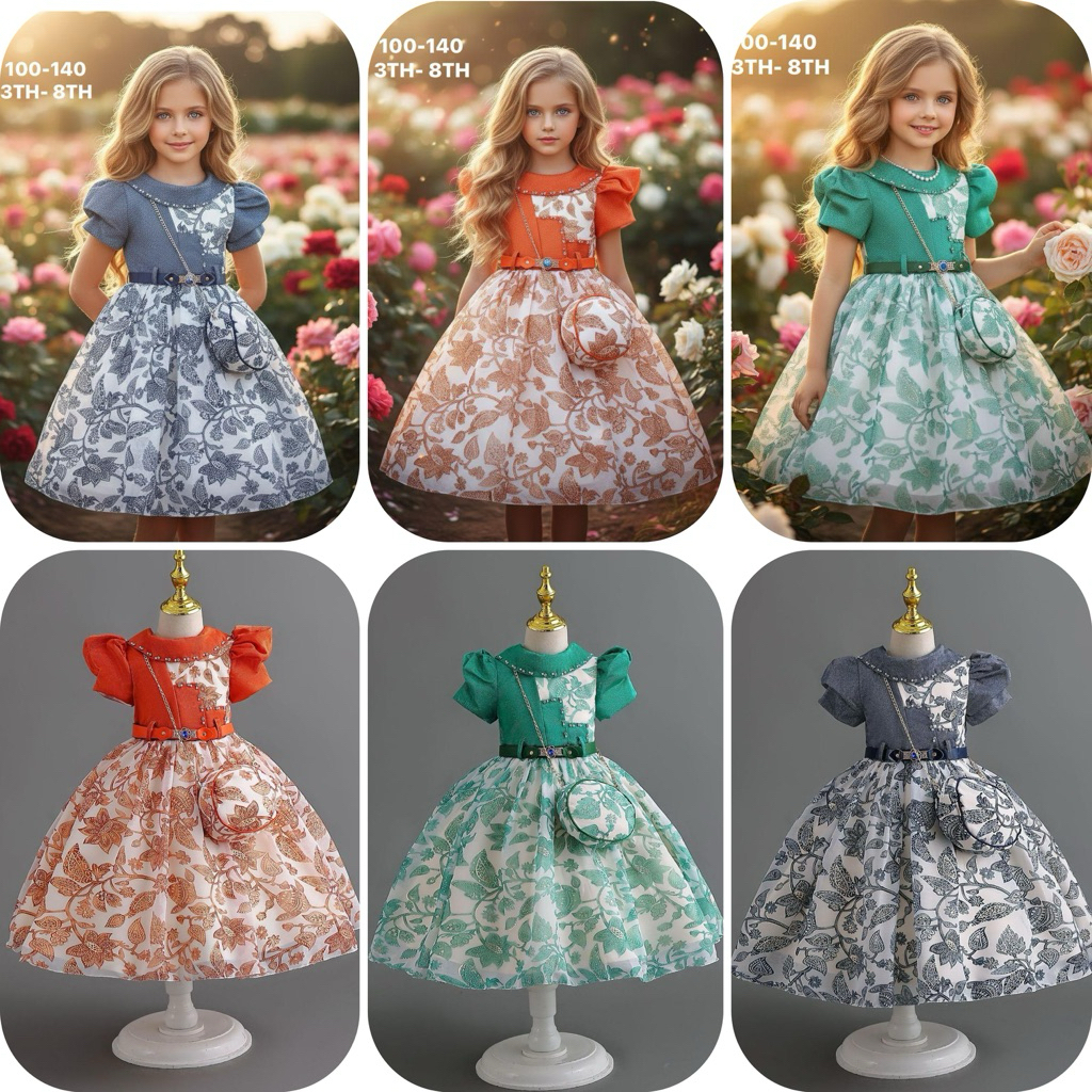 GAUN PESTA ANAK BAHAN SIFON SIMPEL DAN MEWAH /GAUN PESTA ANAK TERACOTA 4-9TH /GAUN NATAL ANAK