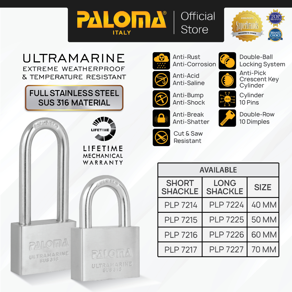 PALOMA Gembok Stainless SUS 316 Leher Panjang Pendek Long Short, Strong & Anti Karat, Ideal Untuk Pi