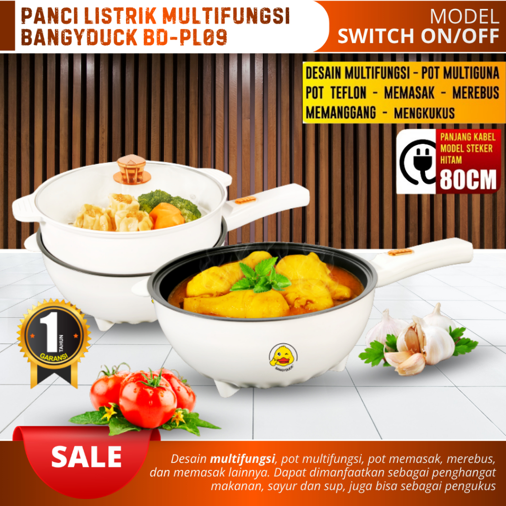 Panci Listrik Anti Lengket 3 Liter Kukusan Teflon Hemat Listrik Tutup Kaca Bangyduck BD-PL09 Switch 