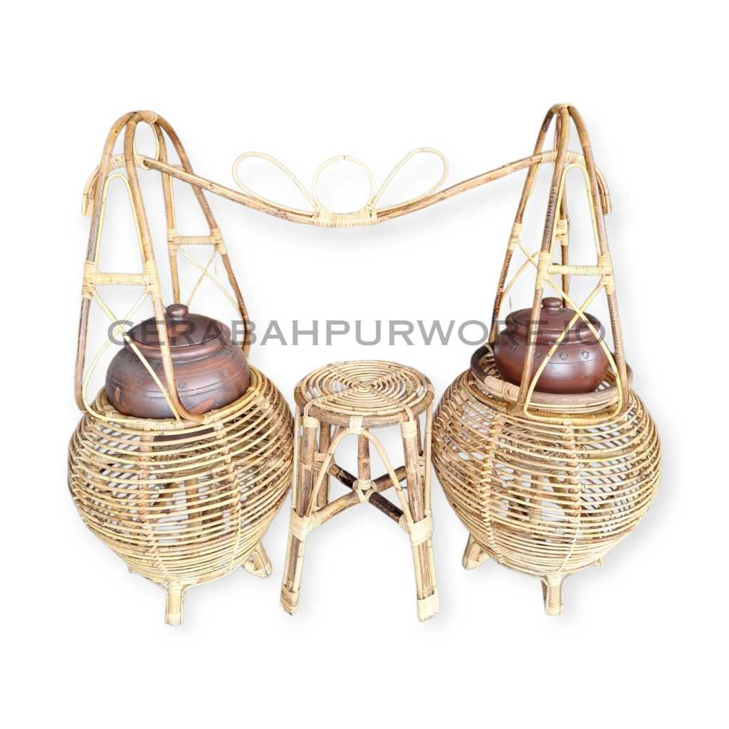 Angkringan Keranjang Pikulan Dawet Rotan Prenjalen Antik 1 Set Kwali
