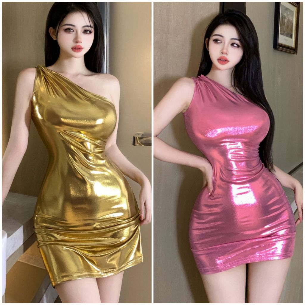 Mini Shiny One Shoulder Bodycon Dress Latex Imitasi Pink Gold Sexy Clubbing Gaun Pesta Party