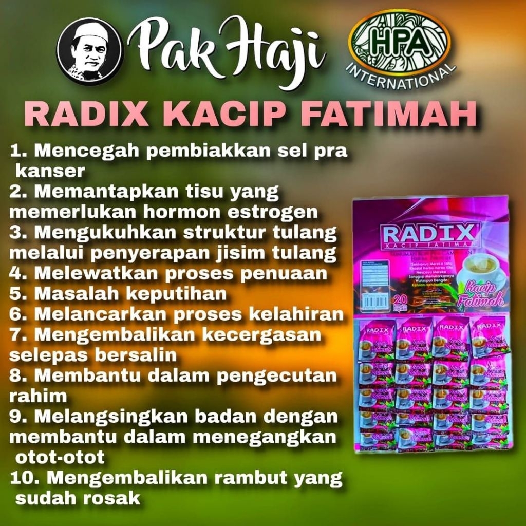 RADIX KACIP FATIMAH KOPI PRA CAMPURAN KEMASAN PAPAN ISI 20 SACHET ORIGINAL ASLI DARI HPA MALAYSIA