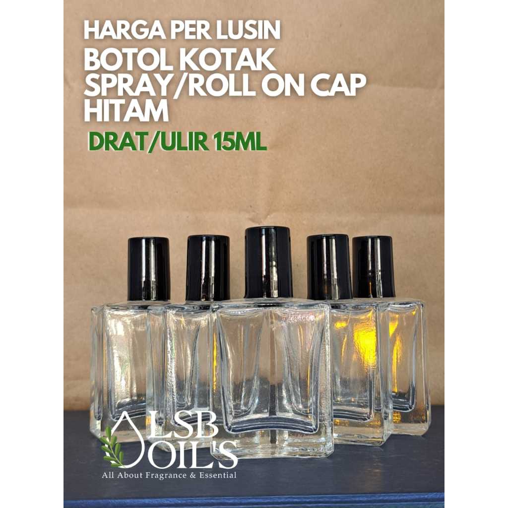 BOTOL KOTAK 15ML TUTUP ULIR HITAM - BOTOL SPRAY DAN ROLL ON KOTAK 15ML - BOTOL PARFUM KOSONG KACA MU