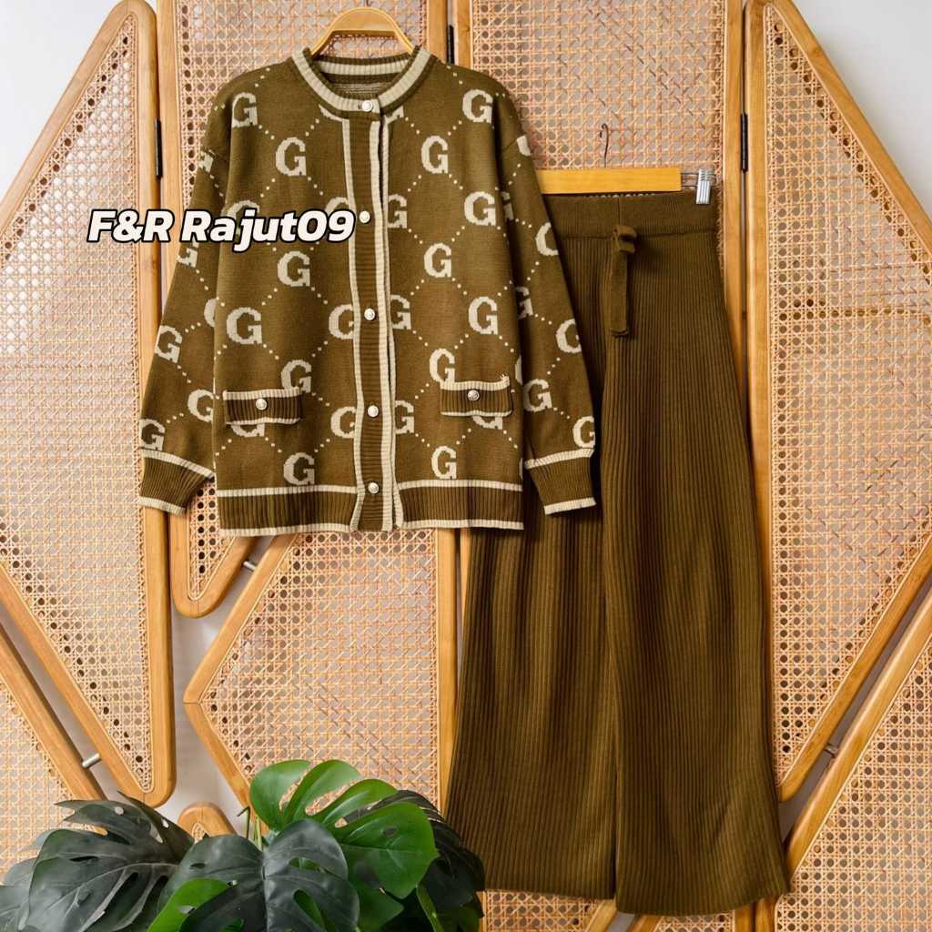 F&R Oneset Atika Cardigan Rajut Kancing Motif Korean Setelan Celana Kulot Premium Wanita Lengan Panj