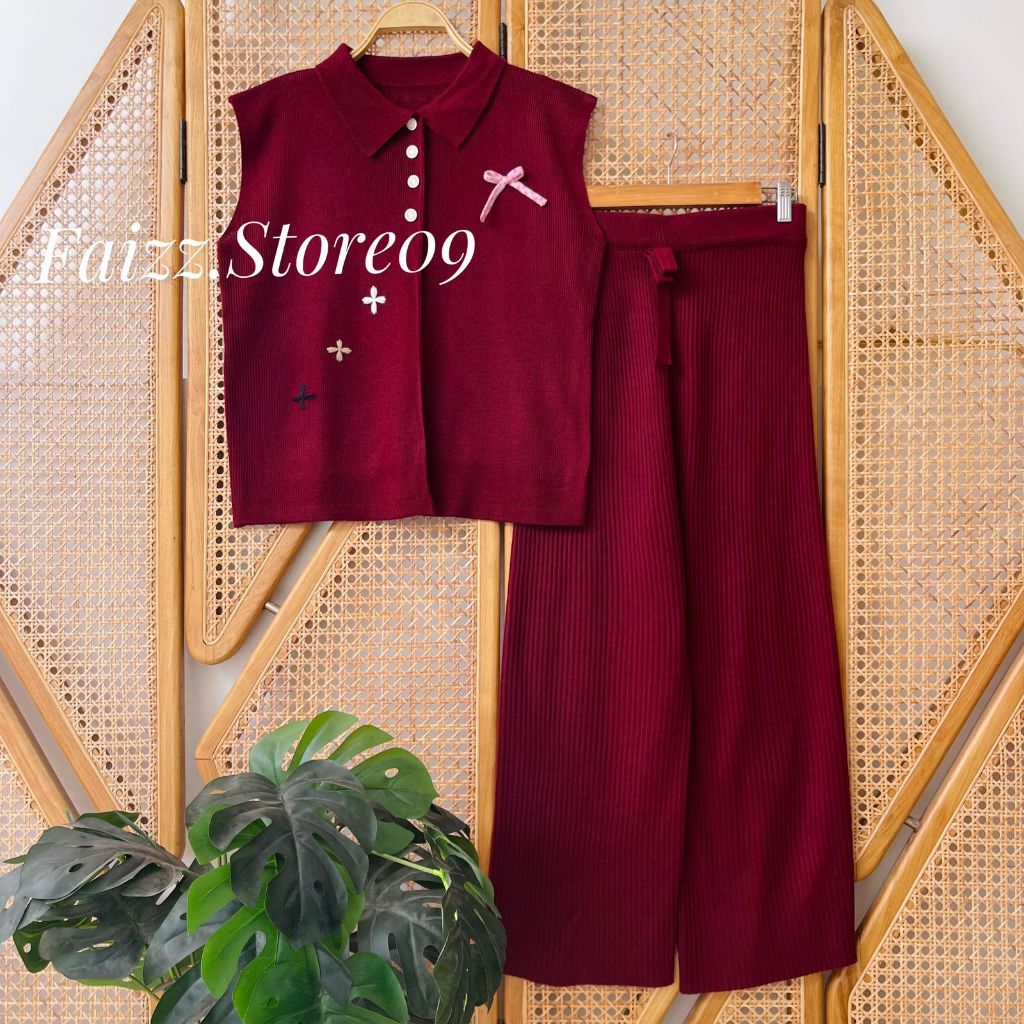 Oneset Auraa Vest Rompi Rajut Kerah Polo Kancing Motif Bunga Pita Setelan Celana Kulot Premium Wanit