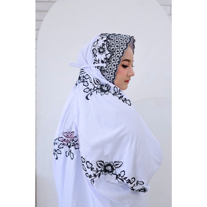 BEST SELLER Mukena Terusan Putih Katun Polino Mikro Tebal Adem – Telekung Langsungan Bordir Bunga – 