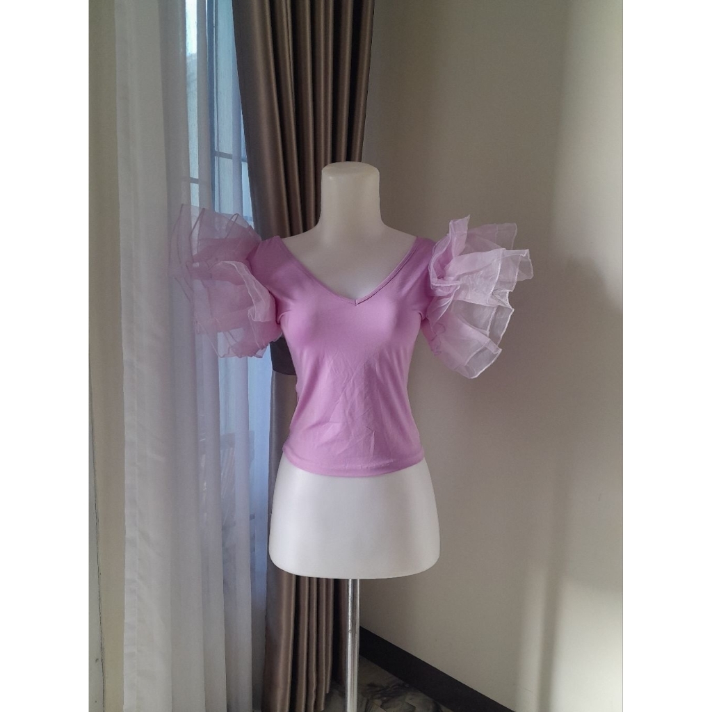 Organza Ruffles Lavender Top, Blouse Lengan Balon Lavender, Blouse Vneck