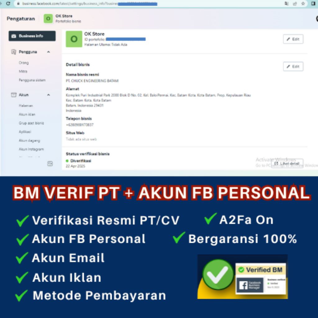 BM (BUSINESS MANAGER) VERIF RESMI PT + AKUN FACEBOOK SIAP IKLAN