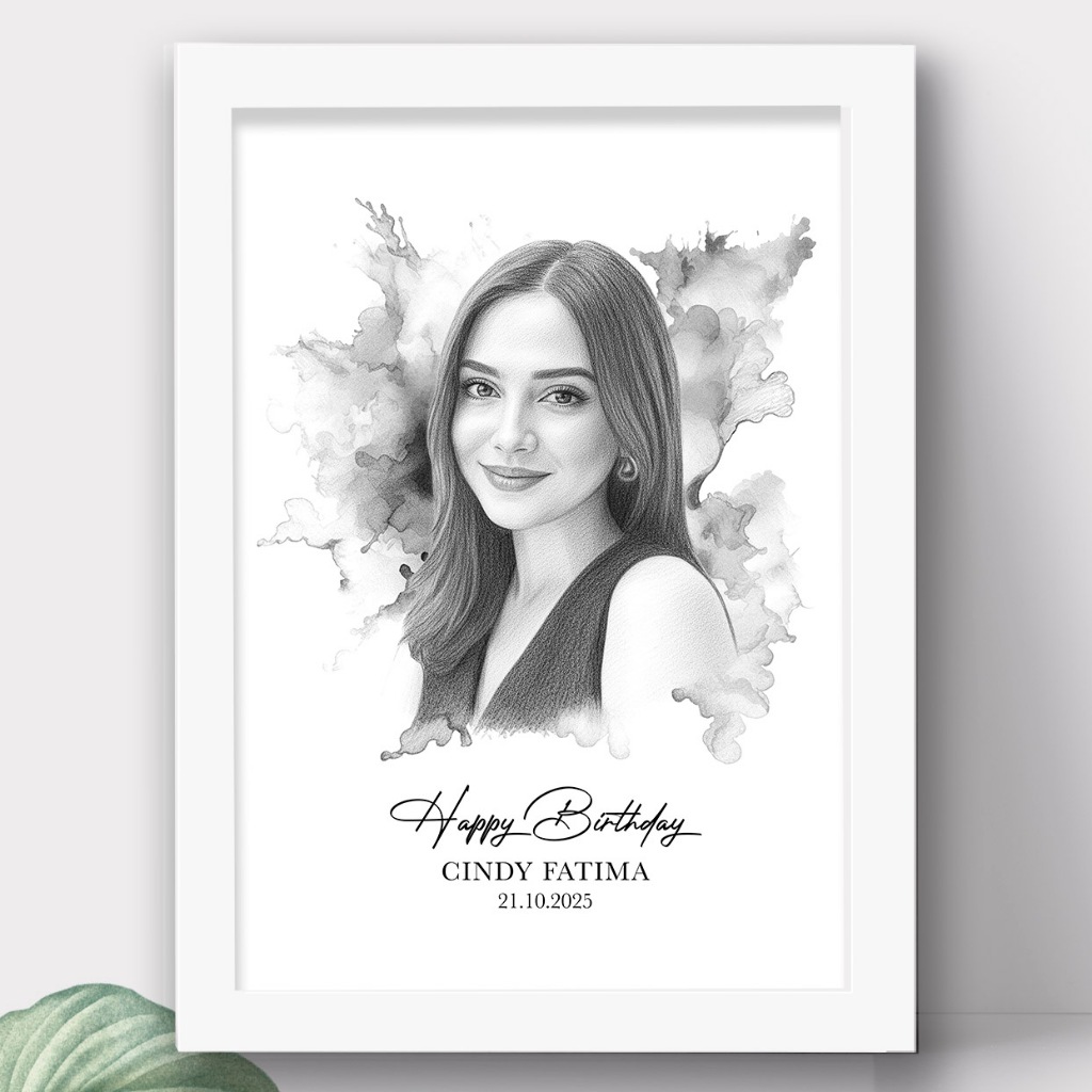 Kado Lukisan Sketsa Wajah Custom Ukuran A4 MDF Pigura A4 Cocok Untuk Hadiah Wisuda Pensiun Retiremen