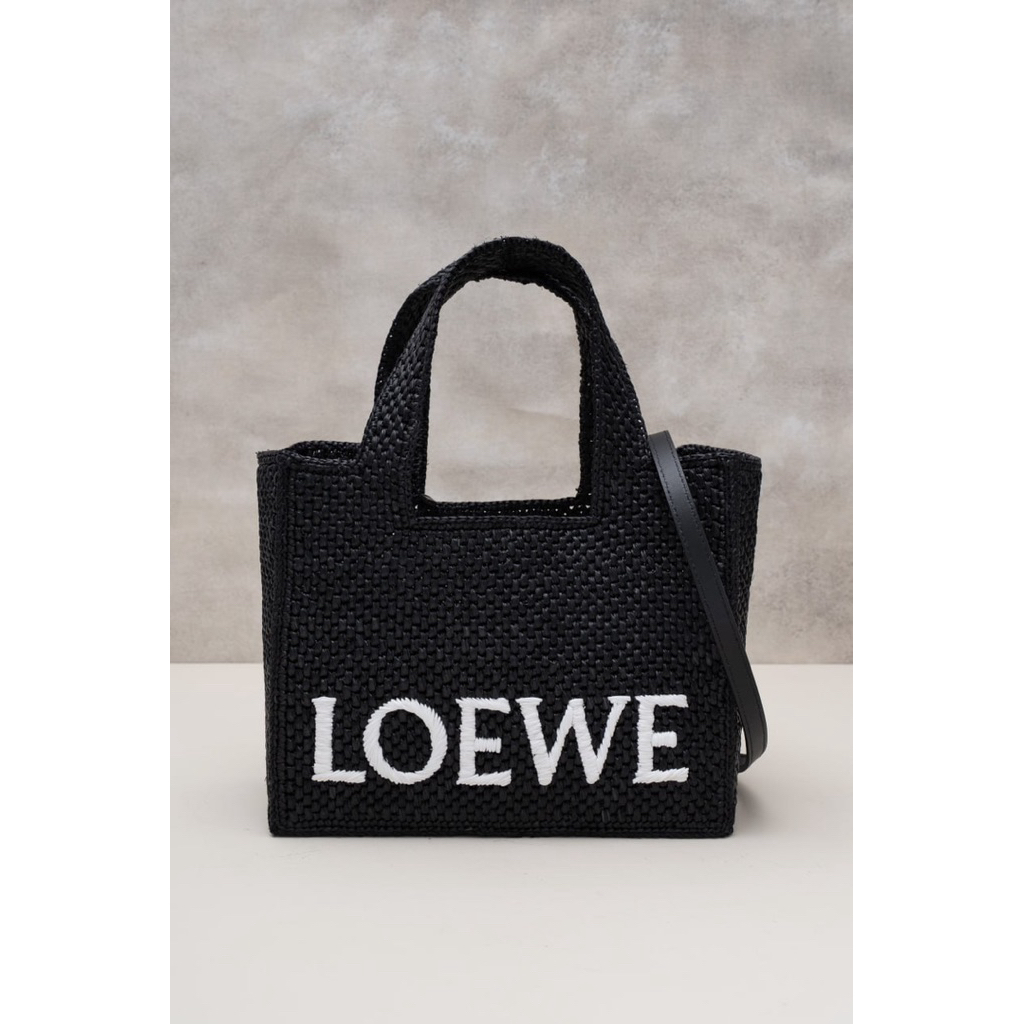 LOEWE SMALL LOEWE FONT TOTE BAG IN RAFFIA BLACK