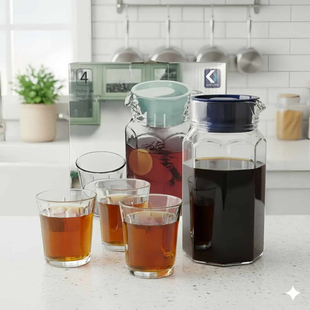 Teko Set Pitcher Adra 4Pcs & Gelas Kaca Estetik Minimalis | Teko Air Minum Modern