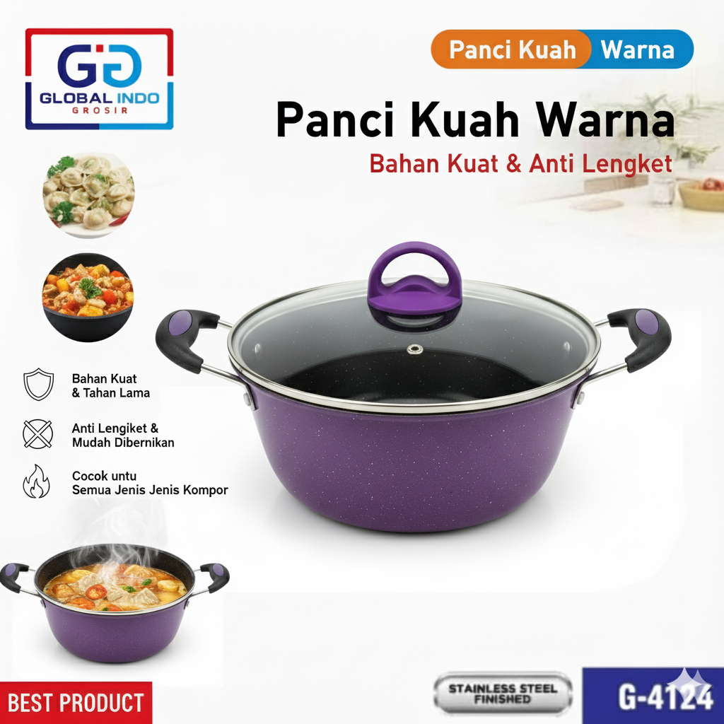 Panci Kuah Enamel Tutup Kaca Panci Sup 24cm Soup Pot Warna Anti lengket Panci Rebus / Penggorengan