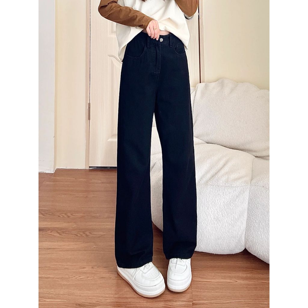 Hitam High Waist retro Celana jeans wanita Premium Celana jeans lurus longgar ala Korea