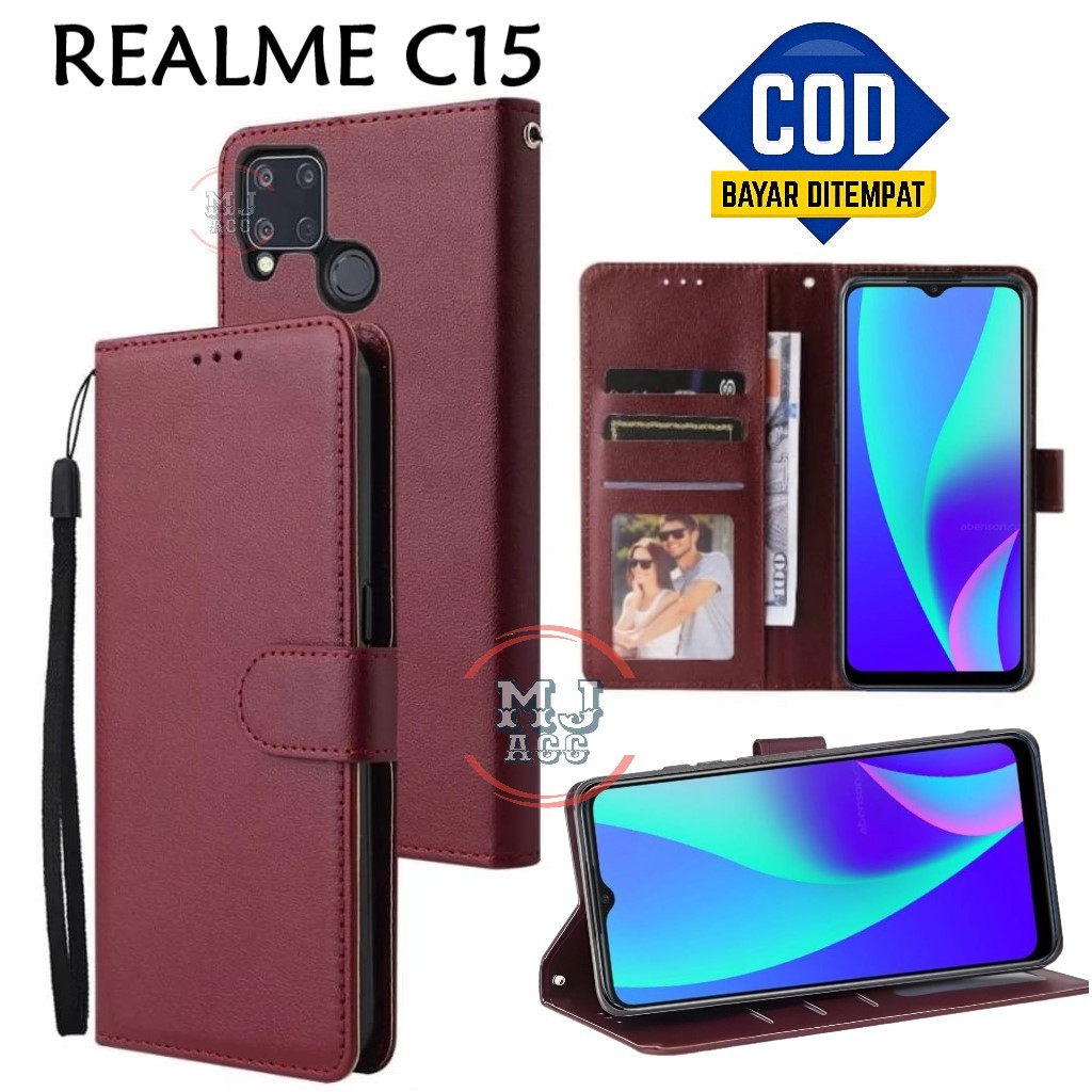 FlipCase Realme C15 Leather Case Wallet Premium Casing Hp REALME C15 Cover Ponsel