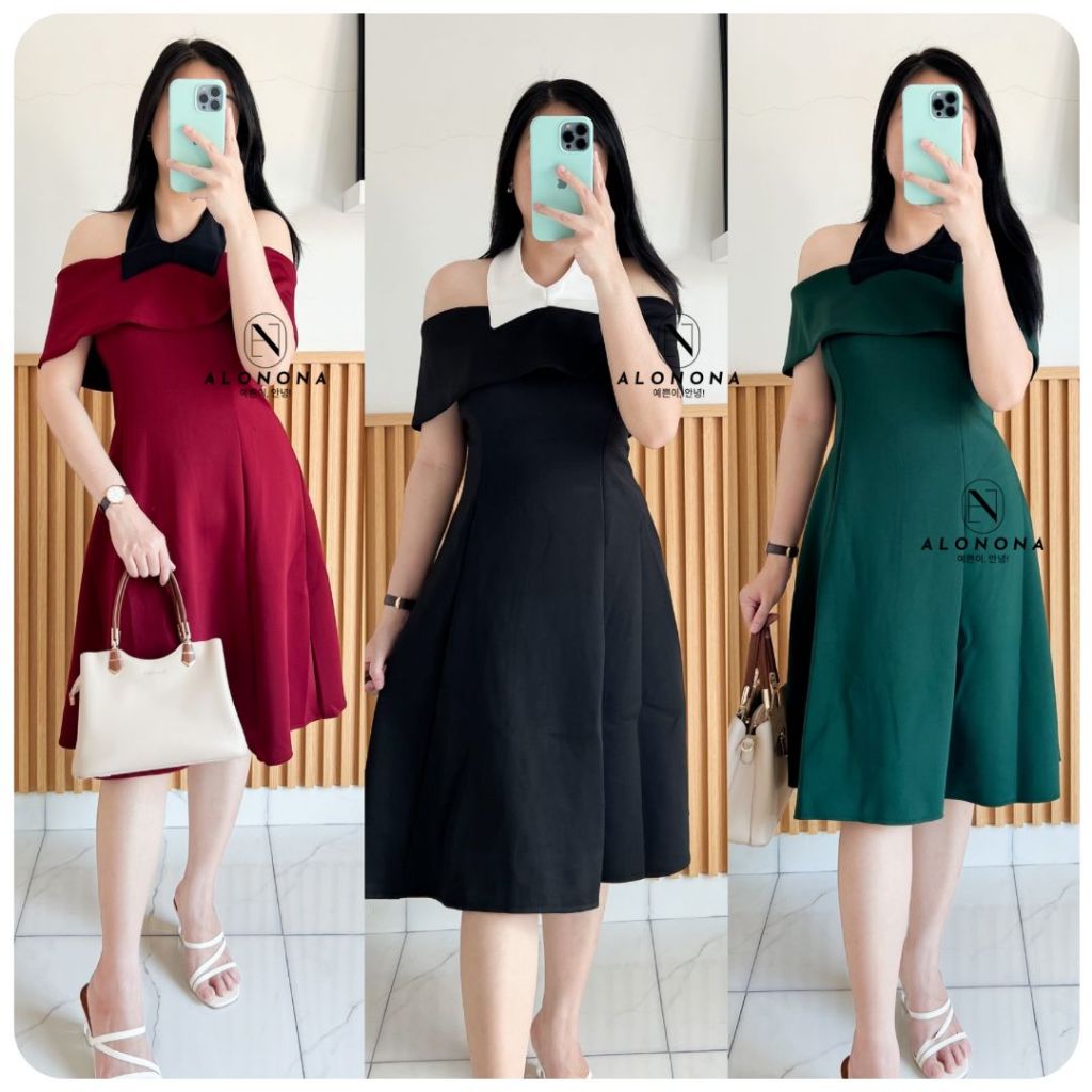 GAMILA DRESS | MIDI DRESS WANITA SABRINA IMLEK CNY CHRISTMAS NATAL MAROON MERAH HIJAU EMERALD GAUN