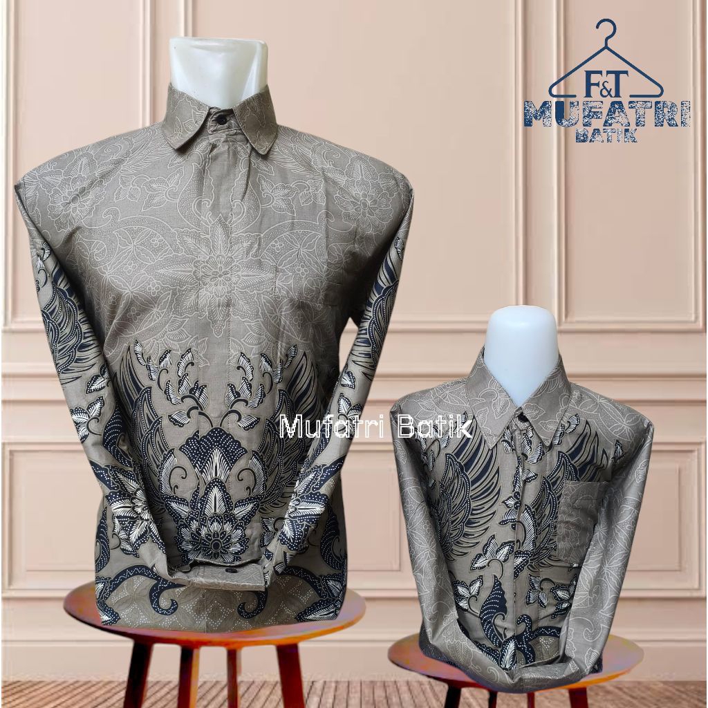 Batik Abu Mocca Couple Ayah Dan Anak Bahan Katun Adem Lapis Furing Motif Elegan//kemeja batik couple