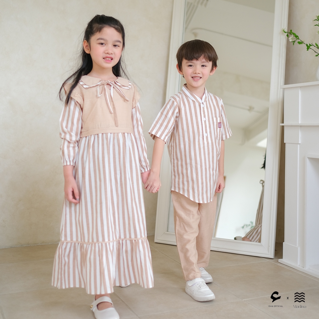 Madina Azizah - Gamis anak perempuan 2-12 Tahun Lengan panjang motif Garis-Garis Korean Style
