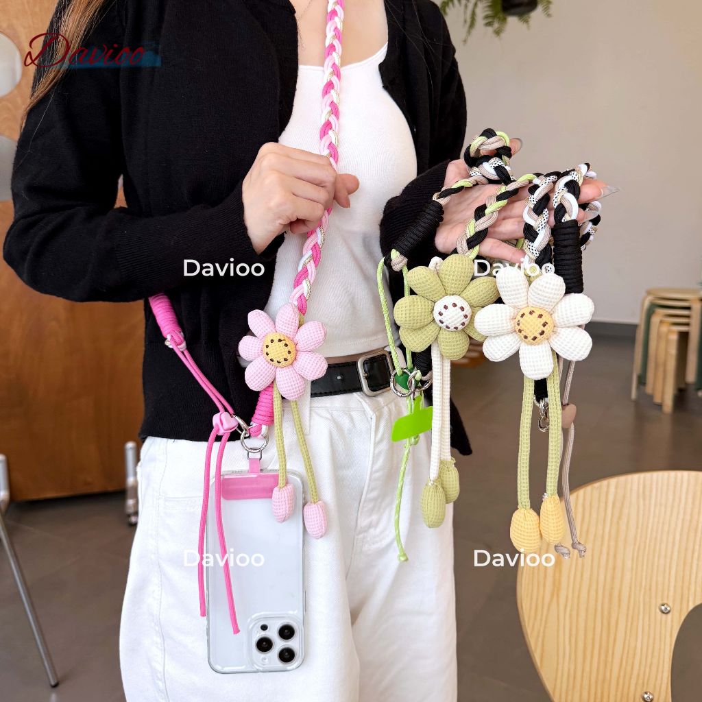 Gantungan hp aesthetic korean style tali silang imut model bunga bisa diatur panjang atau pendek