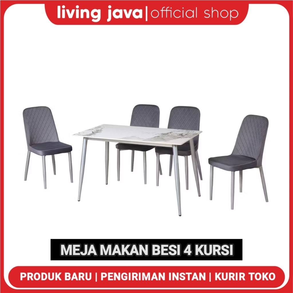Meja Makan Marble Motif Marmer 4 Kusi Besi