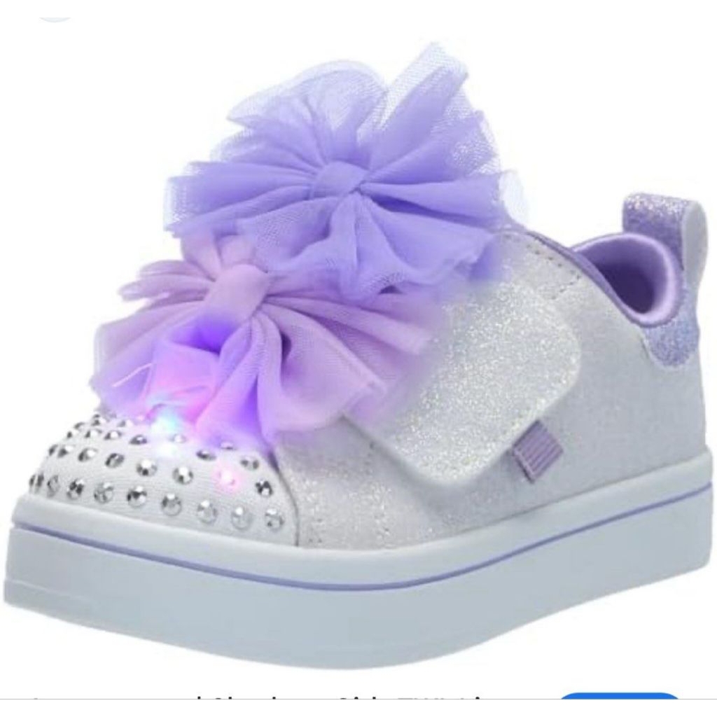 Skechers Twinkle Toes Sepatu Sekolah Anak Perempuan Glitter Putih Pita Ungu Lampu size 23 insole 13 