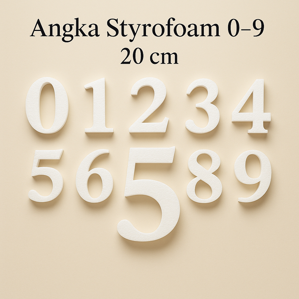(Bisa Custom) Angka Styrofoam 0–9 Ukuran 20cm Tebal 2cm | Huruf Angka Dekorasi Putih Times New Roman