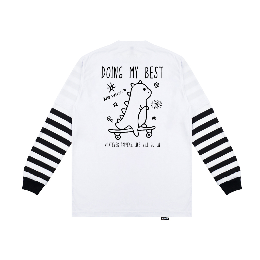 Troy Company Double Sleeve White Stripe Doing My Best - Kaos Lengan Panjang Kaos Putih Stripe DSD 3396