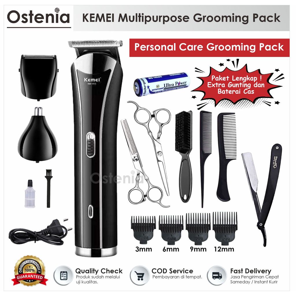 Alat Mesin Cukur Rambut Jenggot Bulu Halus Pubish KEMEI Ekstra Baterai Cas Gunting Stainless Razor