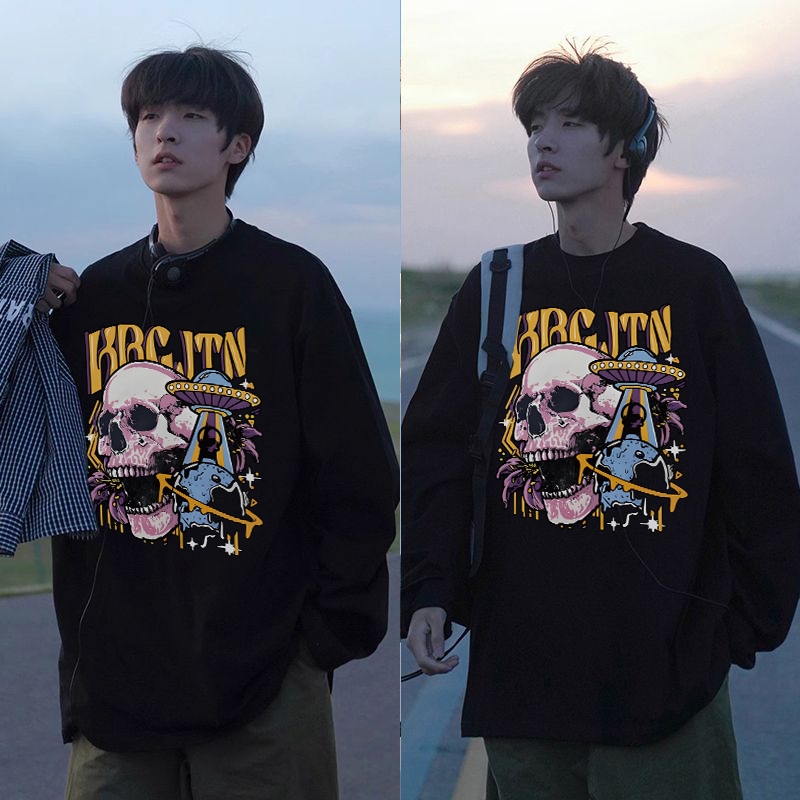 PUERTO Kaos Pria Lengan Panjang Premium Retro Tengkorak Alien Baju Oversize Pria Retro T-shirt Atasa