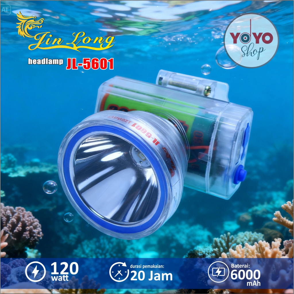 Senter Kepala Selam Waterproof Jinlong JL 5601 120 Watt Kapasitas Baterai 6000 Mah  Charger Jack 8 B