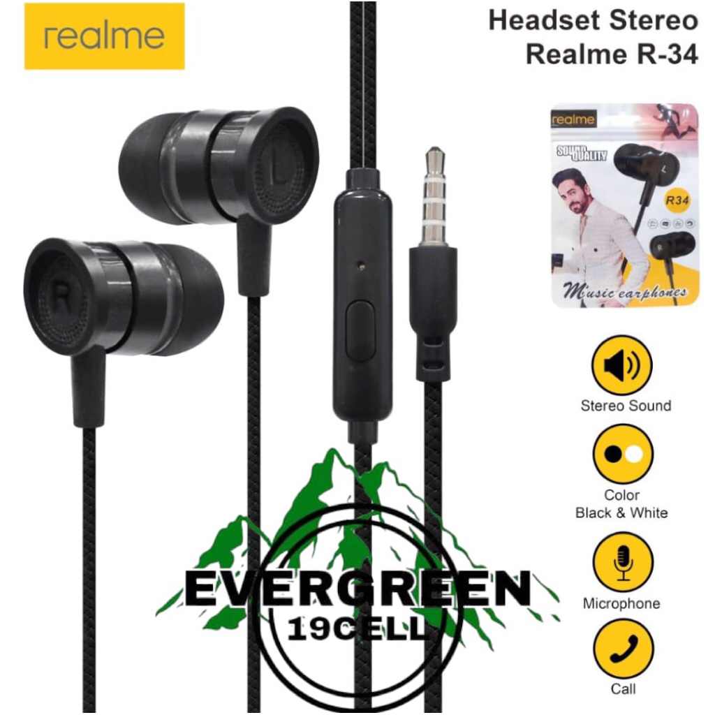 HANDSFREE OM HF/HANDSET REALME R34 STREO BASS SUPER BASS BERKUALITAS BAGUS REALME R-34