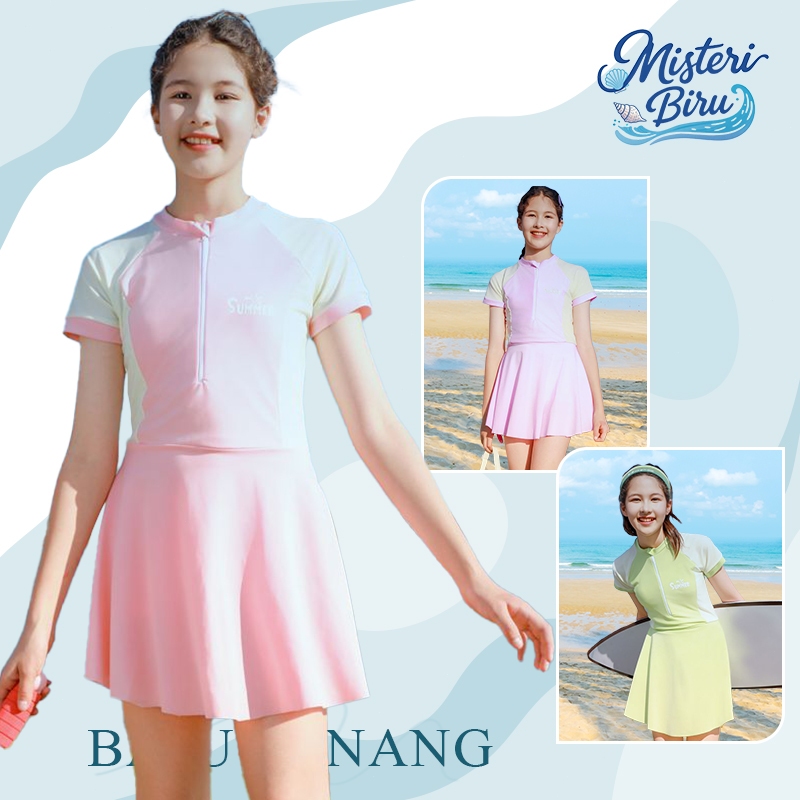 Misteri Biru Anak Perempuan Swimsuit Wanita Rok Baju Renang Set Surfer Girl Beachwear Set Baju Panta