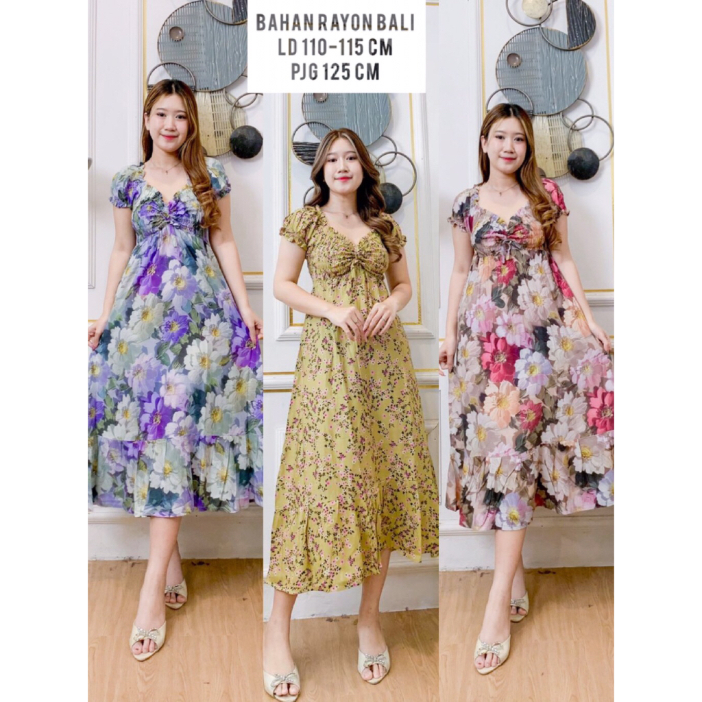 Daster Camila / Daster Bali Panjang Serut Dada Kerut Bunga bunga / Daster Rayon Bali ld 110 Cm