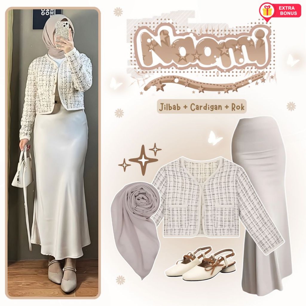 oneset 3in1 jilbab bella + cardigan rajut impor + rok duyung scuba | ootd outfit cewek wanita anak p