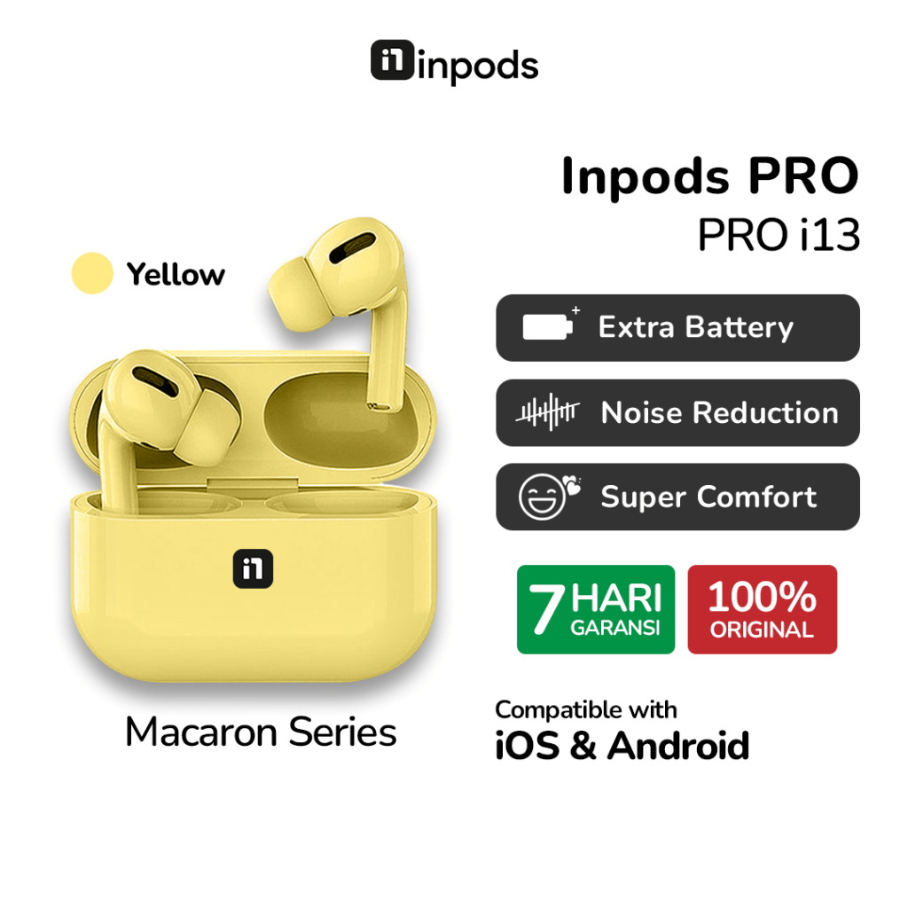 InPods Pro i13 Yellow Macaron Series - TWS i13 Earphone Wireless Bluetooth, Mic Jernih Earbuds iPhon