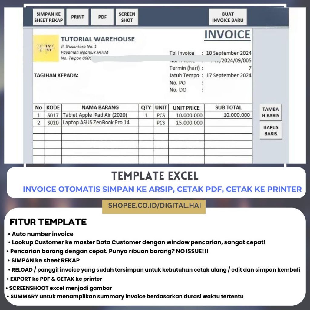 Template Excel Invoice Otomatis Simpan ke Arsip, Cetak PDF, Cetak ke Printer