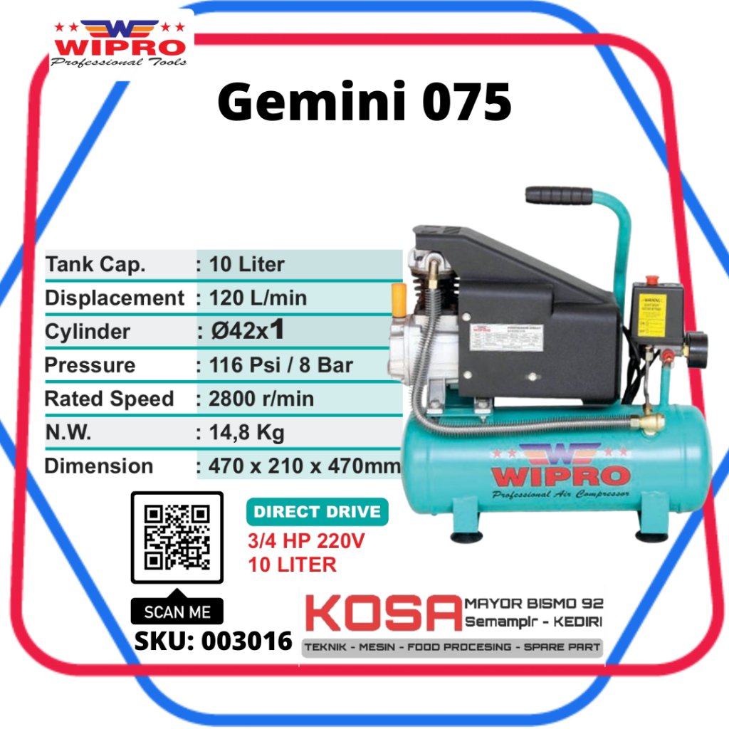 WIPRO GEMINI 075 Kompresor Angin 10L WIPRO Kompresor Cat WIPRO Gemini 75 Kompresor tambal Ban WIPRO 