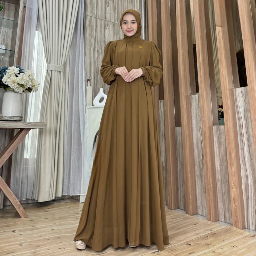 New Gamis Jumbo Hijab Motif Polos Bahan Ceruty Non Busui Lengan Balon Pesta Mewah