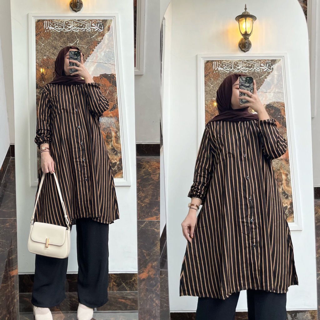 One Set Long Tunik Amira SemiJumbo Motif Salur Terbaru Setelan Tunik Celana Kulot Kekinian Rayon Dia