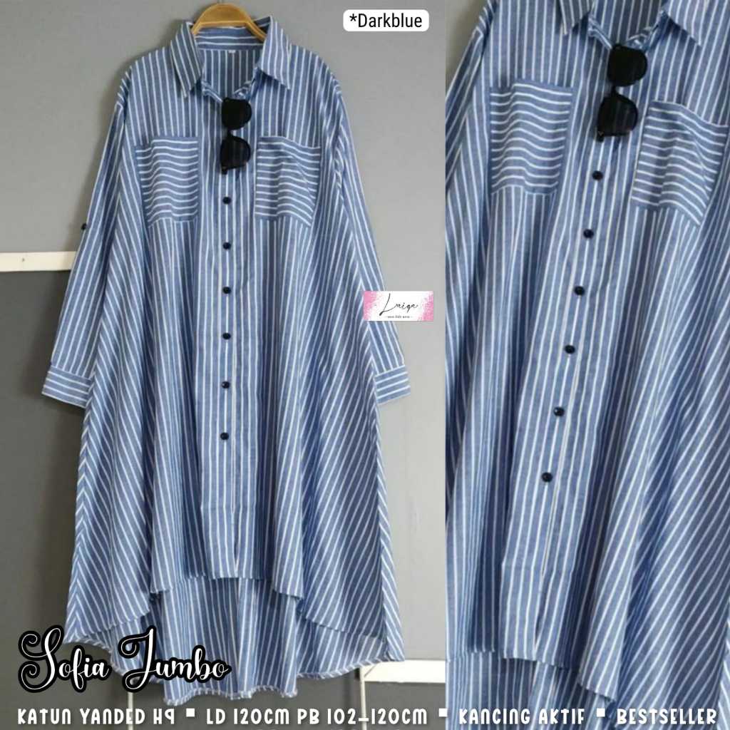 SOFIA JUMBO | ld 120 | Katun Yanded | Atasan kemeja tunik salur wanita lengan panjang big size garis