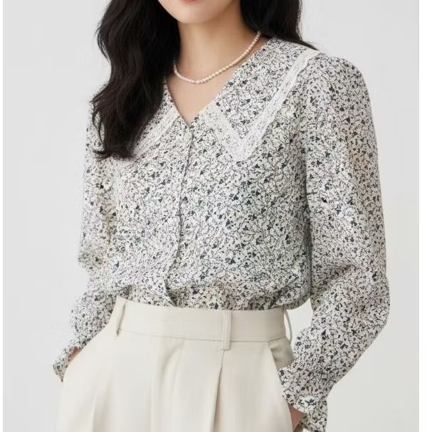 Blouse Wanita Floral Kerah Peter Pan Renda / Sailor Collar Lengan Panjang Gaya Vintage Korea 8Second