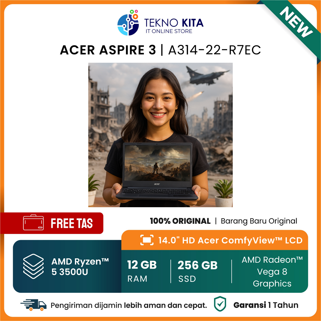 Laptop Acer Terbaru Ryzen 5 [14"HD/AMD RYZEN5-3500U/12GB/SSD 256GB/WINDOWS 10+OFFICE/BLACK] - ACER A