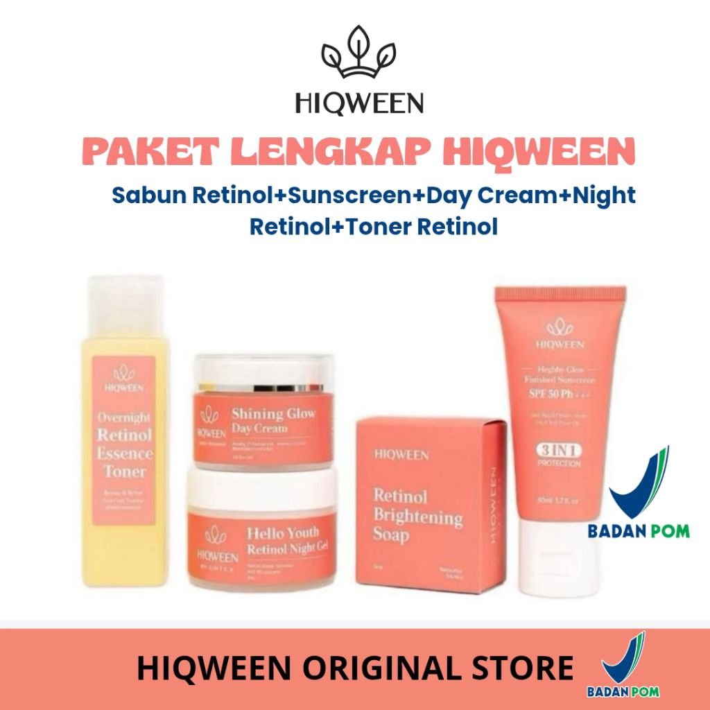 HIQWEEN RETINOL PAKET LENGKAP 1 SET ISI 5 ITEM [ SABUN RETINOL+SUNSCREEN+DAY CREAM+NIGHT CREAM+TONER